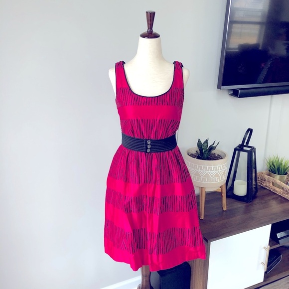 BCBG 100% Cotton Belted Dress with Vertical Line Pattern - Hot Pink - Barbiecore - Picture 1 of 5
